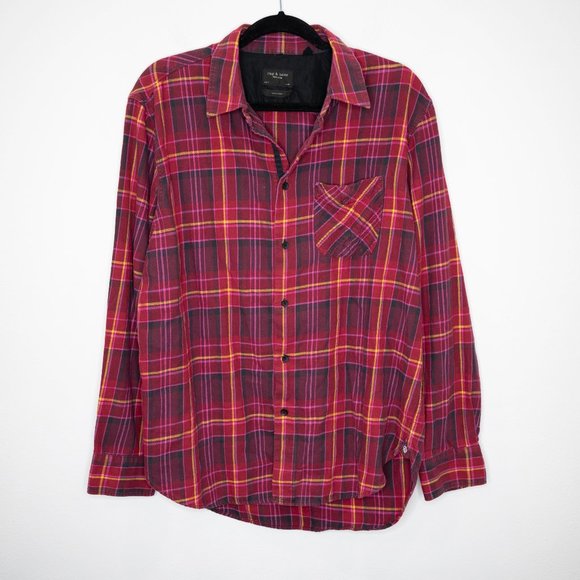 SOLD rag & bone Beach Shirt Flannel Fit 3 Burgundy Multi Relaxed Fit Plaid C6 - Picture 2 of 8